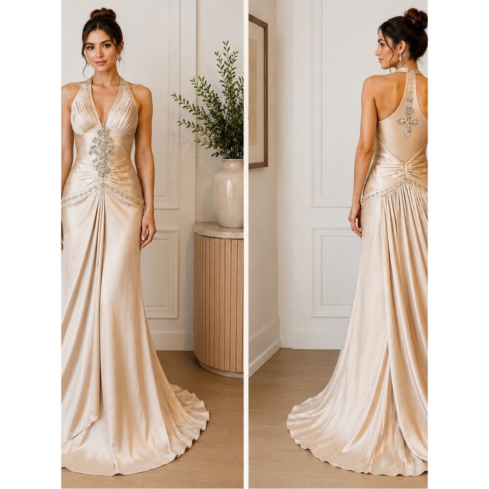 Sue Wong Cream Champagne Beaded Gown Size 6/8 Art Deco Evening Formal Dress READ